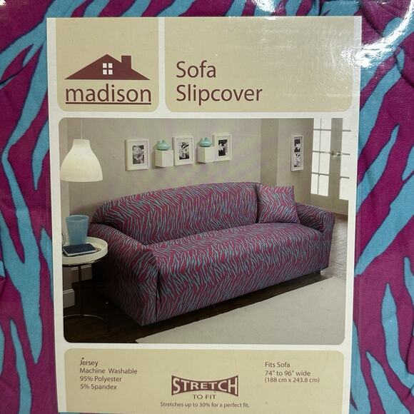 Madison Jersey Zebra Sofa Slipcover Pink and Blue fits 74 inch to 96 inch New - Picture 4 of 6